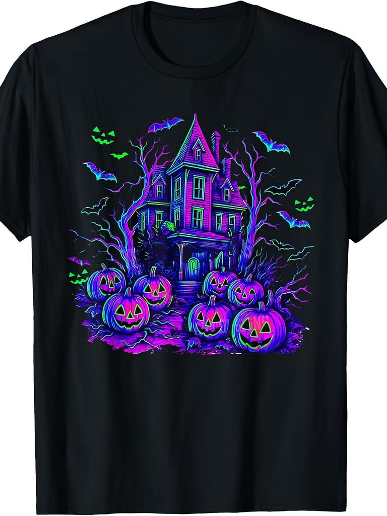 Neon Haunted House Graphic Tee Spooky Retro ShirtUnisex for Daily Wear 2025 Funny Christmas Novelty