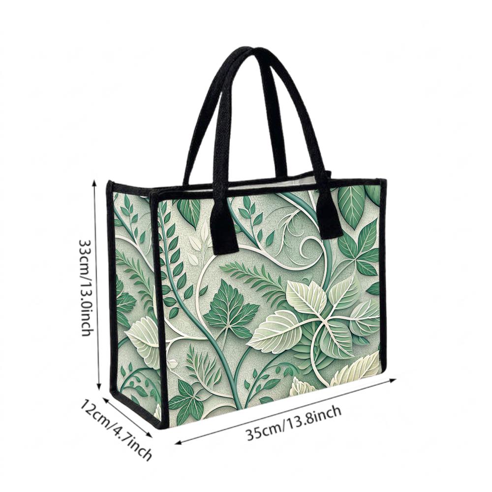 Elegant Green Leaf Print Daily Tote Bag for Outdoor Shopping Commute Casual Portable Handbag