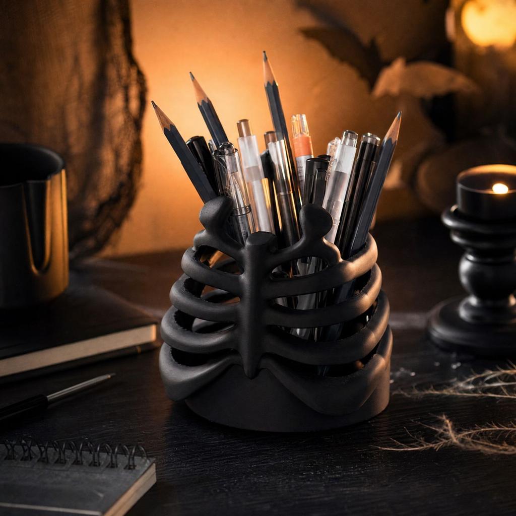 Black Gothic Ribcage Pen Holder for Desk Organization Decor