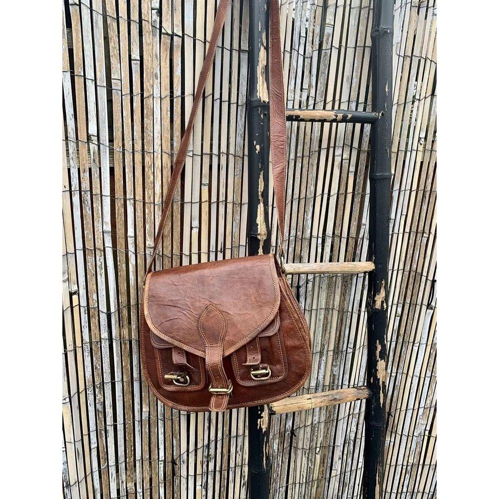 Винтажная марокканская коричневая промасленная кожаная сумка-седло из козьей кожи — фото 3