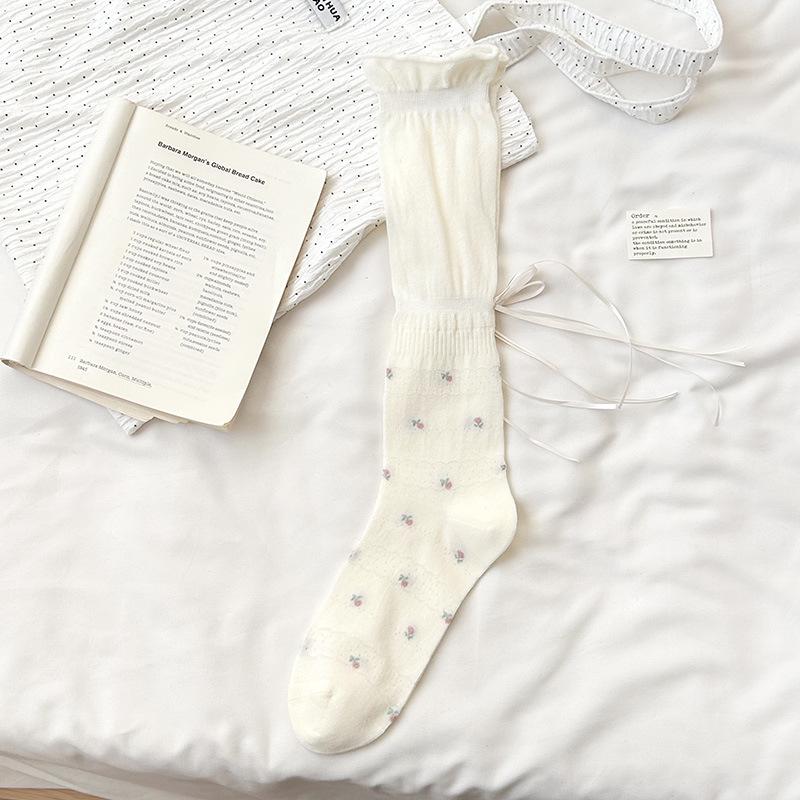 Women's Floral Mesh Calf Socks with Bow Knot - Spring/Summer 2026 Collection