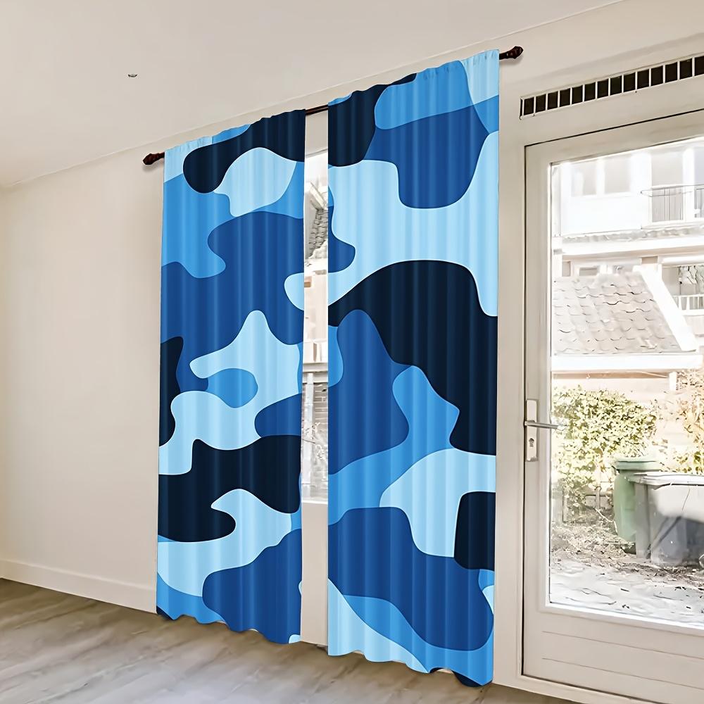 2pcs Contemporary Abstract Blue Camouflage Printed Curtains - Decorative Rod Pocket Window, Easy To Install, Machine Washable Po