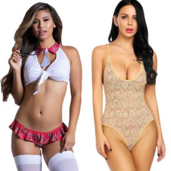 LADYSTA Mini Skirt School Girl Women’s White-Red Roleplay Costume & Women Teddy Dress Baby doll Beige color Freesize ( S M L)