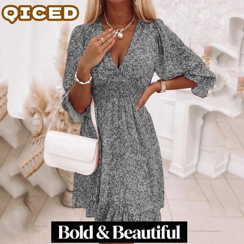 QICED Women's Fashion Summer Spring V-Neck Short Sleeve Casual Dresses