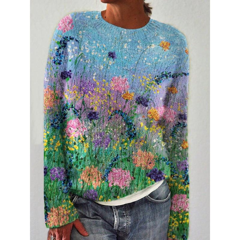 Spot 3D Printed Women's Floral Pattern Pullover Hoodie Without Hat Casual Loose Long Sleeved Top