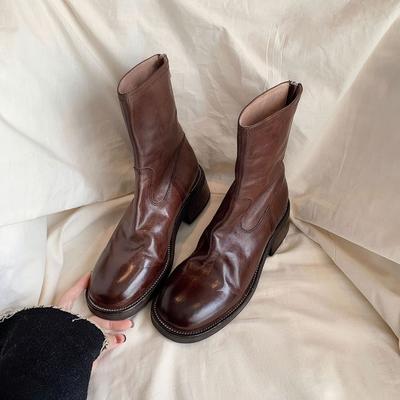 Version aus Rindsleder ~ Die gleichen gewaschenen Martin-Stiefel aus Pferdeleder mit Plissee und dickem Absatz, kurze Lokomotivstiefel für Damen