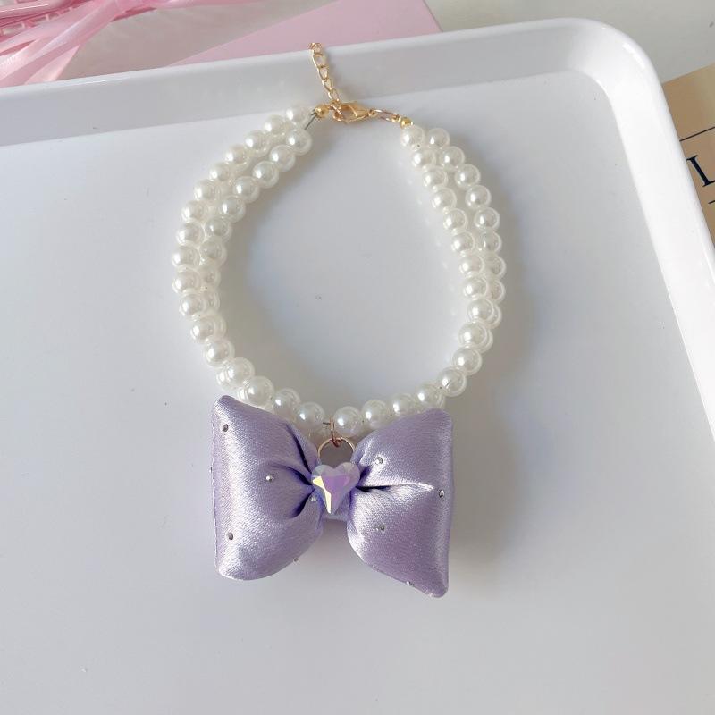 Bright Satin Bow Imitation Pearl Double Necklace Pet Dressing‑Up Accessory For Cat Dog Birthday Gift