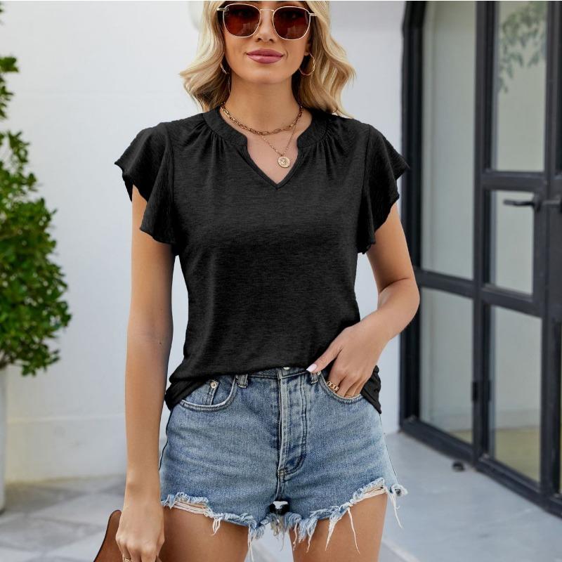 Summer Women's T-shirt V-neck Solid Color Loose Lotus Leaf Sleeves Comfortable Casual T-shirt Tops