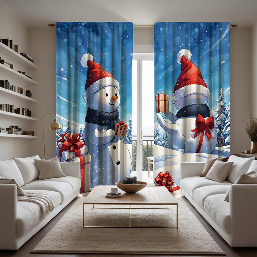 2pcs Set HD Christmas Gift Snowman Decoration Curtain Blue Tie Digital Printed Curtain Home Decoration Style Decoration Livin