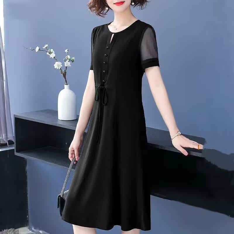 

Женская весна и лето Тонкая секция большого размера с круглым вырезом, однотонная, с короткими рукавами, дышащая, закрывающая живот, тонкая шифоновая юбка XXS чёрный