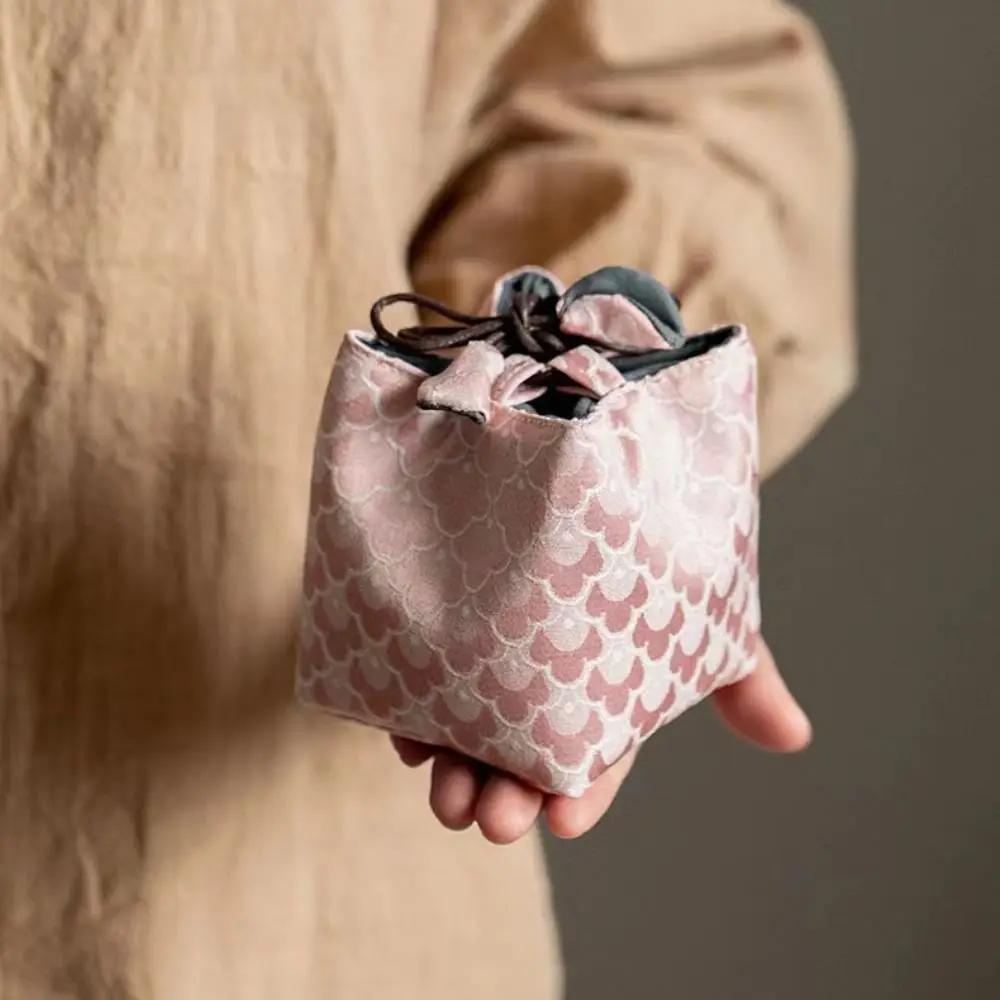 New Chinese Style Tea Set Storage Bag Thickened Embroidered Candy Storage Bag Portable Teapot Cloth Pouch Teacup Drawstring Bag
