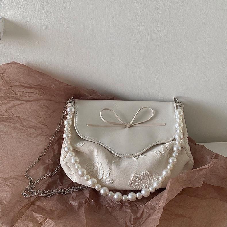 Niche Design Pearl Jacquard Chain Bag New Girl Bow Handbag Women Single Shoulder Slanted Straddle Women Bag