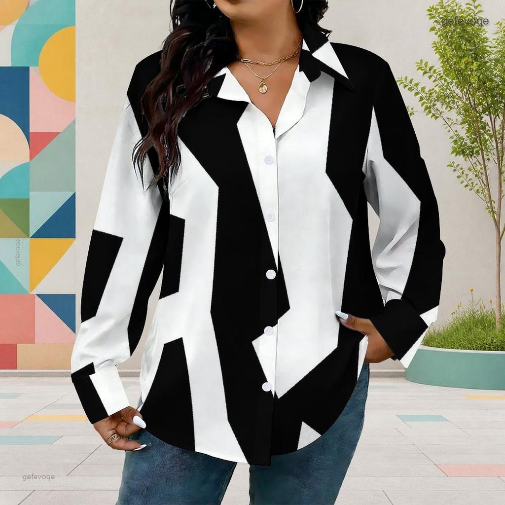 Women Plus Size Collared Neck Long Sleeve Black White Geometric Printed Button Front Curved Hem Shirt