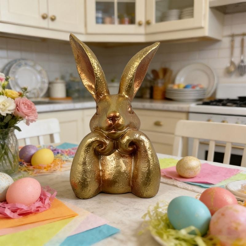 Figura de Coelho Dourada Antiga Envernizada Elegante Exibição de Primavera Artesanal Sazonal Acento para Casa Para Sala de Estar Quarto