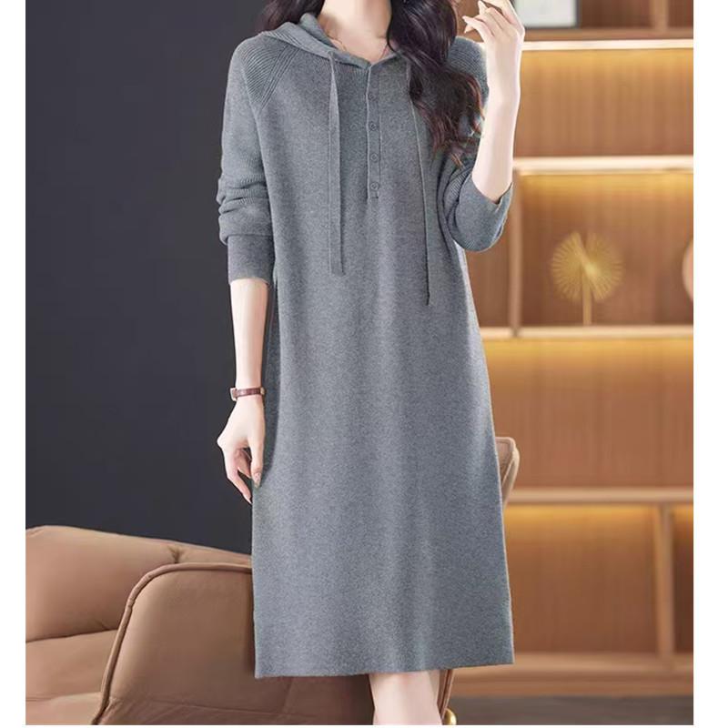 Hooded Autumn and Winter Knitted Dress New Casual Long Loose Women's Sweater Skirt Outer Wear