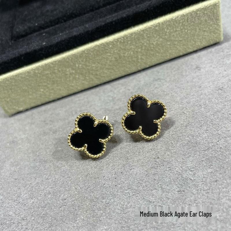 High-Version 18K Rose Gold Earrings: Four-Leaf Clover with White Mother-of-Pearl & Red Agate - Fashionable, Luxurious, INS Style.