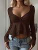Elegant Pleated Slim-fit Long-sleeve T-shirt with Ruffled Hem for Women