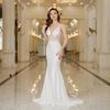 Elegant White Mermaid Wedding Dress | Lace Pearl Backless V-Neck Sleeveless Bridal Gown | Formal Evening Dress for Bride