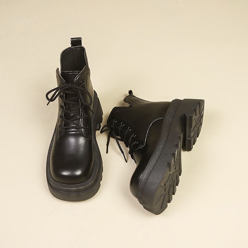 2025 Summer New Models Show Height and Increase Platform British Single Boots Lace-up Middle Heel Martin Boots Women's Ins Versatile Short Boots