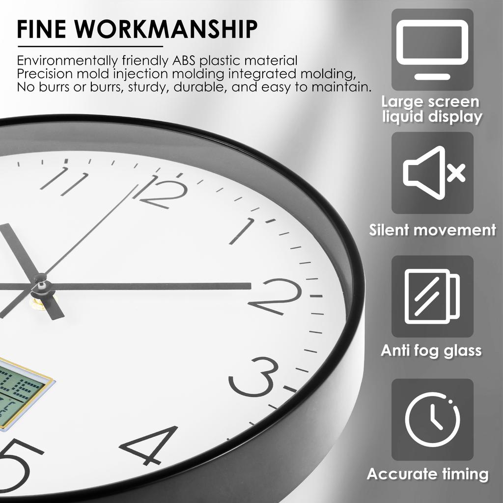 Wall Clock 11.6 Inch Round Wall Clocks Battery Operated Wall Clock with LCD Display for Perpetual Calendar and F° Temperature