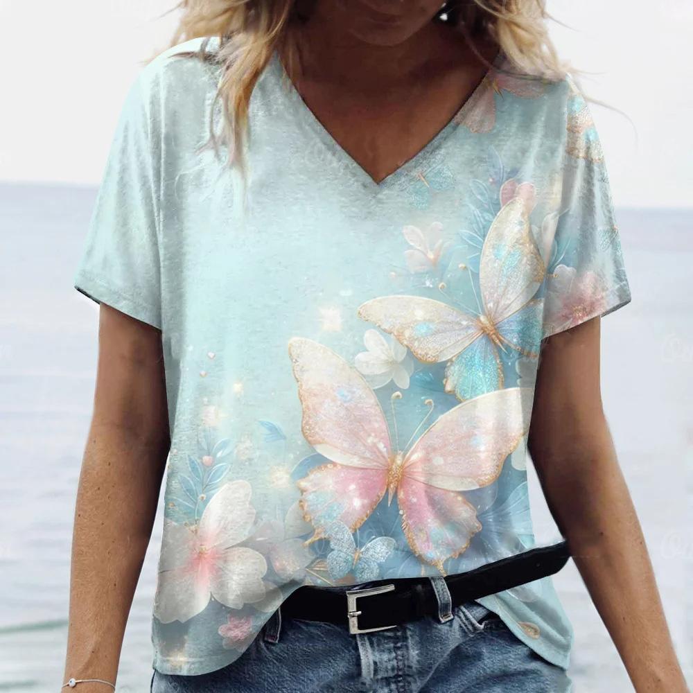 Summer Fashion Butterfly Flower T-Shirts 3D Print Women Short Sleeve V-Neck T Shirt Casual Top Y2k Harajuku Tees Female Clothing
