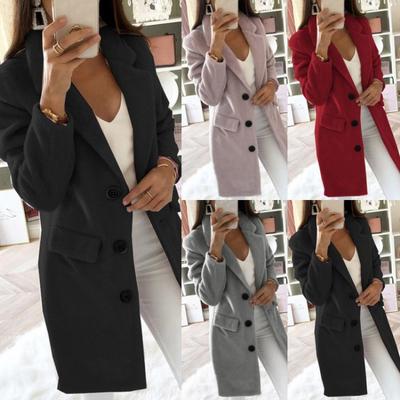 Elegant Slim Fit Long Coat for Women Plush Solid Blend Outerwear with Buttons
