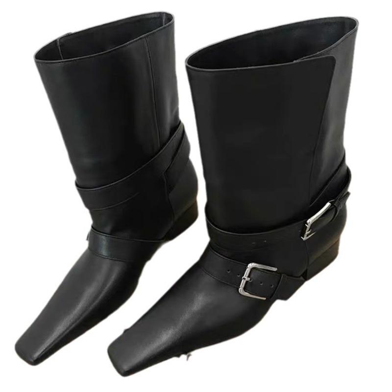 Flip Collar Two Wearing Small Square Toe Short Boots for Women, 2025 Thick Heel Chelsea Skinny Boots