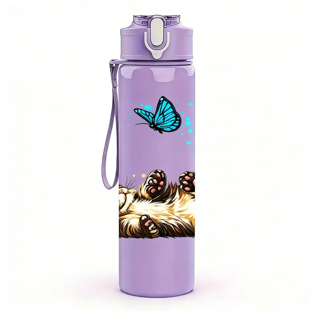1PC Sleeping Cat Butterfly Art Print 750ml Color Plastic Sports Water Bottle Leakproof Flip Straw Lid Suitable for Sports Office Home Use