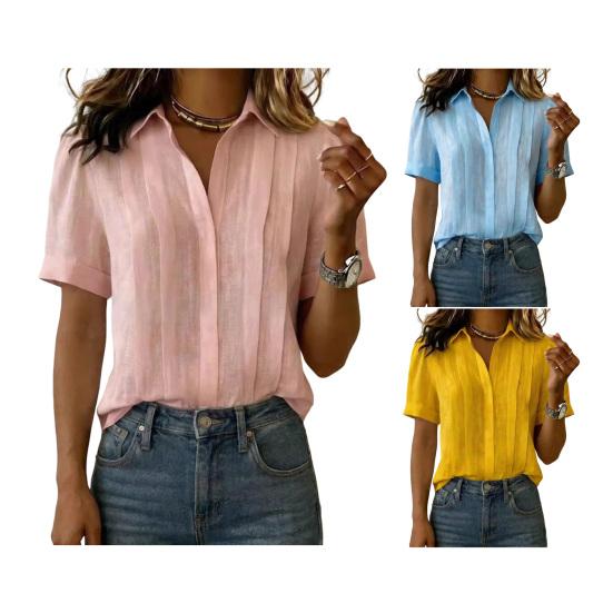 Women Tops Lapel Short Sleeve Buttons Placket Shirt Tops Pure Color Loose Fit Casual Style Shirt Home Dates Versatile Wear