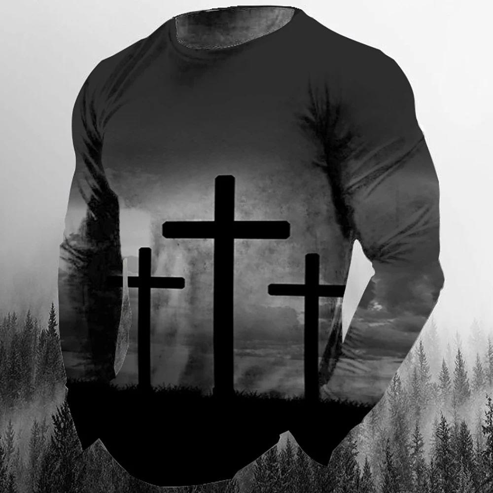 Camiseta de manga larga informal de moda para hombre con estampado 3D retro de Jesucristo, personalidad callejera, cuello redondo holgado, estilo Harajuku, top de gran tamaño