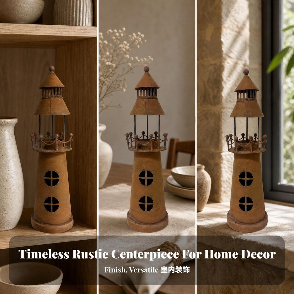 Metal Lighthouse Candle Holder with Rusted Finish Rustic for Mantel, Entryway