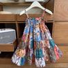 Girls' Retro Floral Summer Dress - Sling Style, Model AXB502