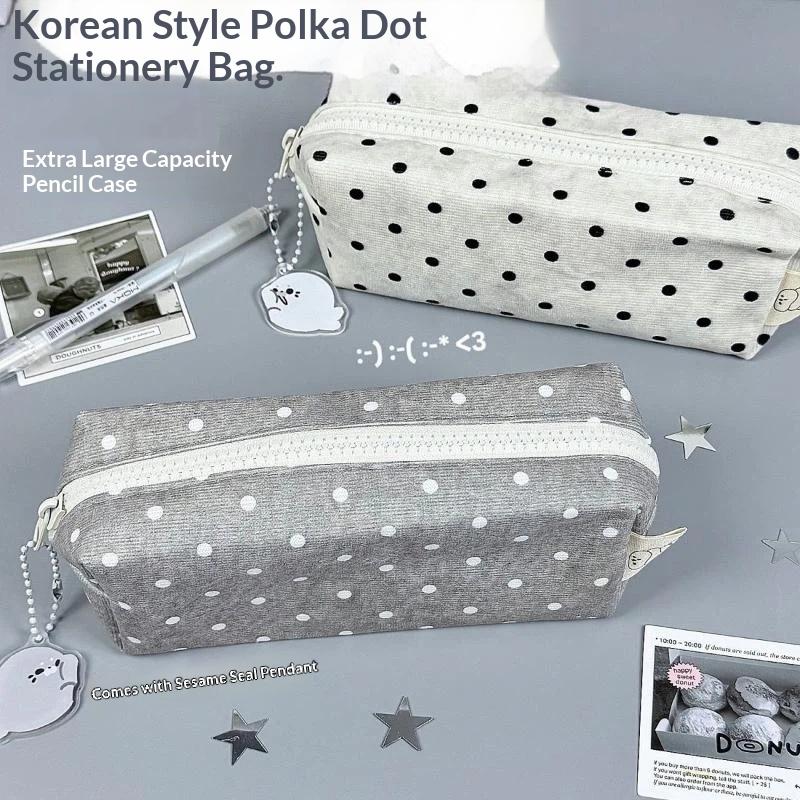 Korean-Style Polka Dot Pencil Case Large Capacity With Cute Seal Pendant For Students School Office Use