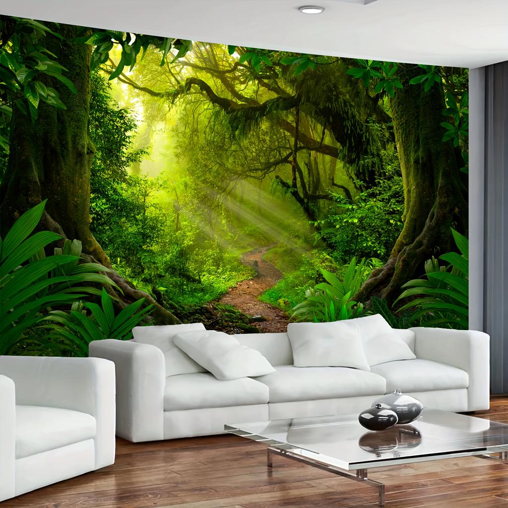 1pc Enchanted Forest Sunbeams Green Canopy Path Tapestry Nature Wall Art Living Room Decor Magical Woodland Scenery Print