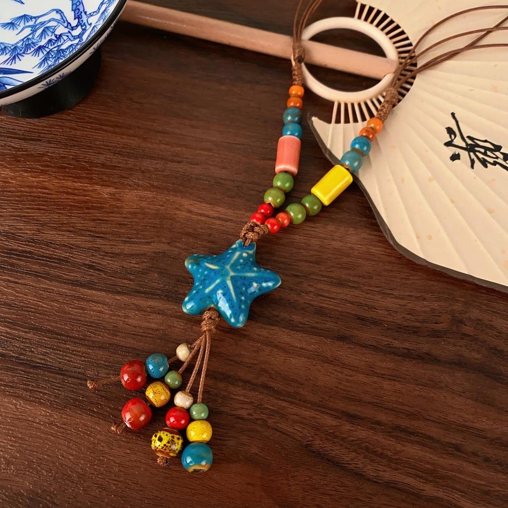 New Chinese Color Ceramic Beaded Star Necklace Female Bohemian Retro Ethnic Style Long Sweater Chain Accessories
