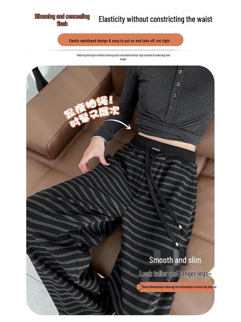 Women's High Waist Gray Striped Wide-Leg Pants - Early Spring 2026 Casual, Slimming, Relaxed Fit