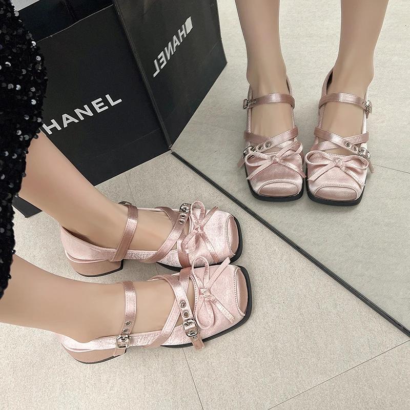 Mode Damen Mary Jane Schuhe Blockabsatz Gürtelschnalle Schleife Karree Zehenbereich Damenschuhe Kleid Party Flachmaul Retro Zapatillas De Mujer