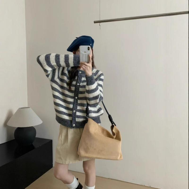 Retro striped crew neck knitted cardigan women's autumn and winter new loose casual soft waxy lazy wind sweater jacket