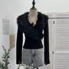 Millennial Hot Girl Fur Patchwork V-Neck Long Sleeve Slimming Top 23326