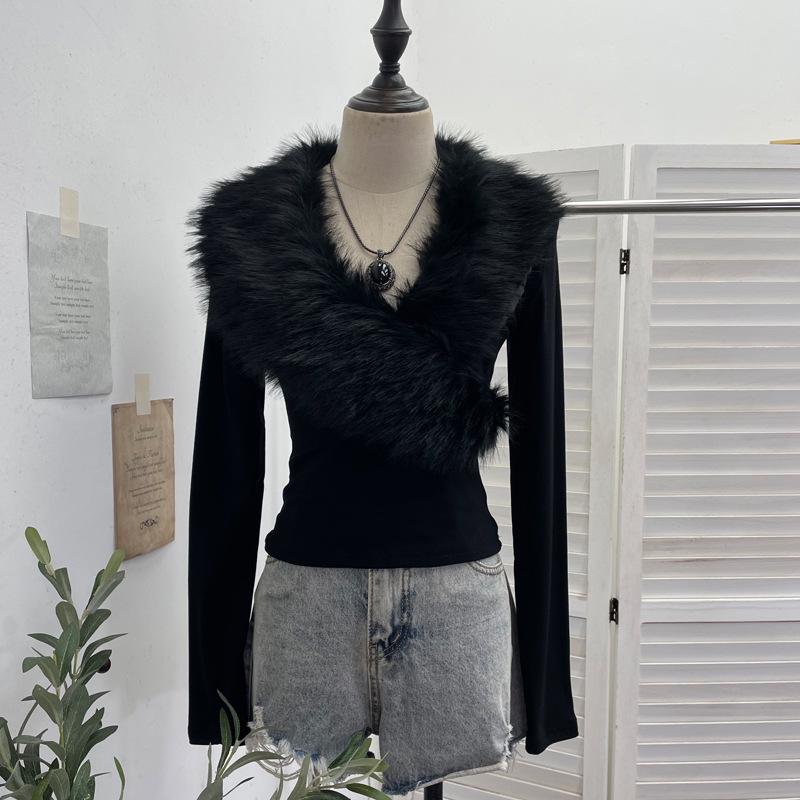Millennial Hot Girl Fur Patchwork V-Neck Long Sleeve Slimming Top 23326