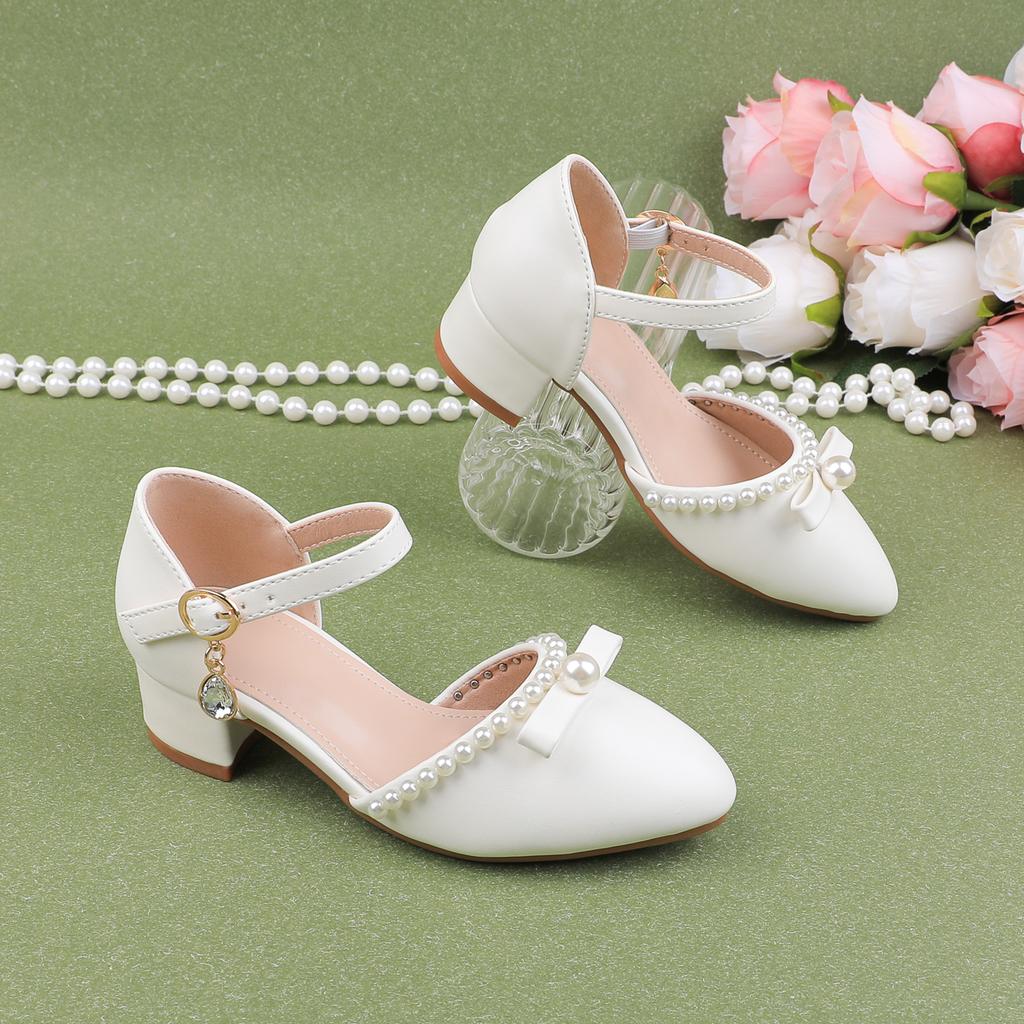 Custom Girls White Pearl Chain Bow Block Heel Dress Shoes Pointed Toe D'Orsay Kids Wedding Flower Girl Pageant Party