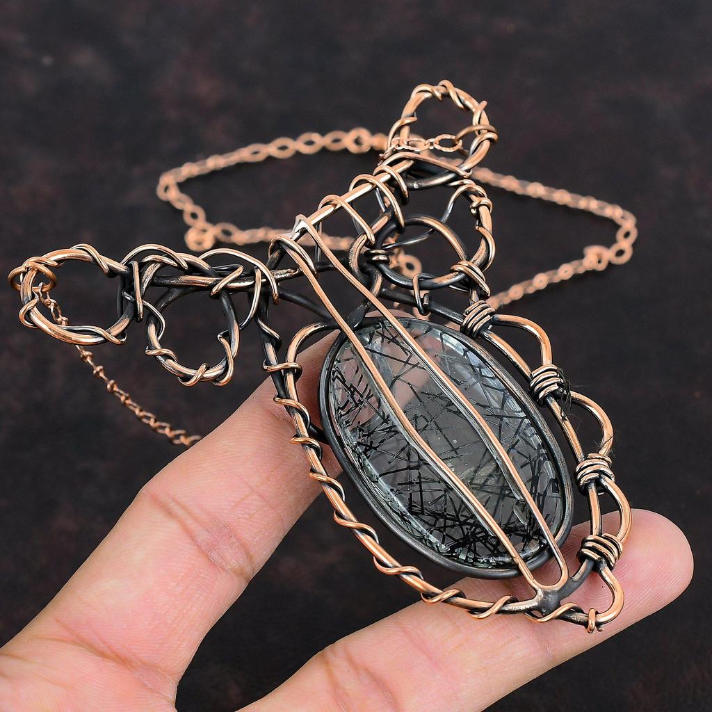 Black Rutile Necklace Copper Wire Wrapped Necklace Adjustable Chain Necklace Handmade Gemstone Necklace Copper Wire Jewelry Engagement Gifts