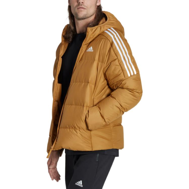 Adidas Striped Letter Logo Print Hooded Down Jacket Men Outerwear Brown HK4640