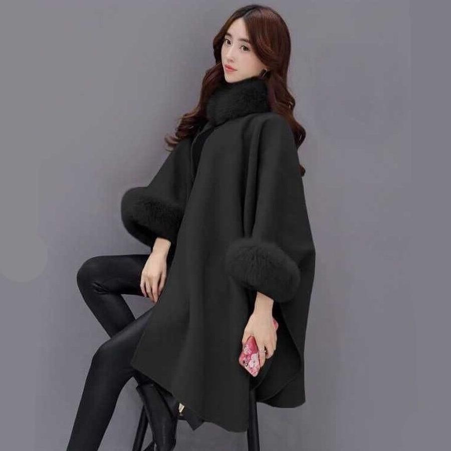Fall Winter Oversized Rabbit Fur Collar Long Wool Coat Elegant Cape Shawl Hepburn Style Large Size Women's Coat
