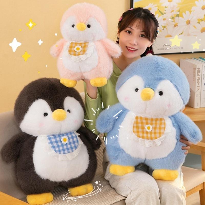 Lightweight Soft Penguin Stuffed Animal Fluffy Plush with Cute Checkered Bib for Kids Outdoor Travel Gift Decor