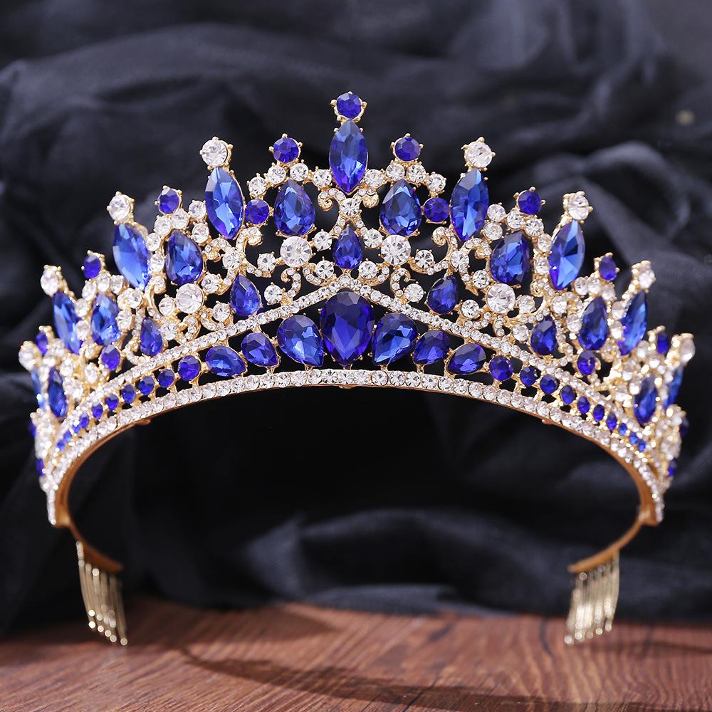 DIEZI Baroque Sweet Blue Crystal Crown Bride Tiara For Women Wedding Elegant Princess Headpiece Hair Zircon Punk Accessories