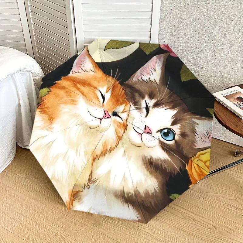 1pc Cute Cats with Flowers Umbrella with Plastic Handle,Suitable for All Seasons Home Travel Outdoor UmbrellaDD295