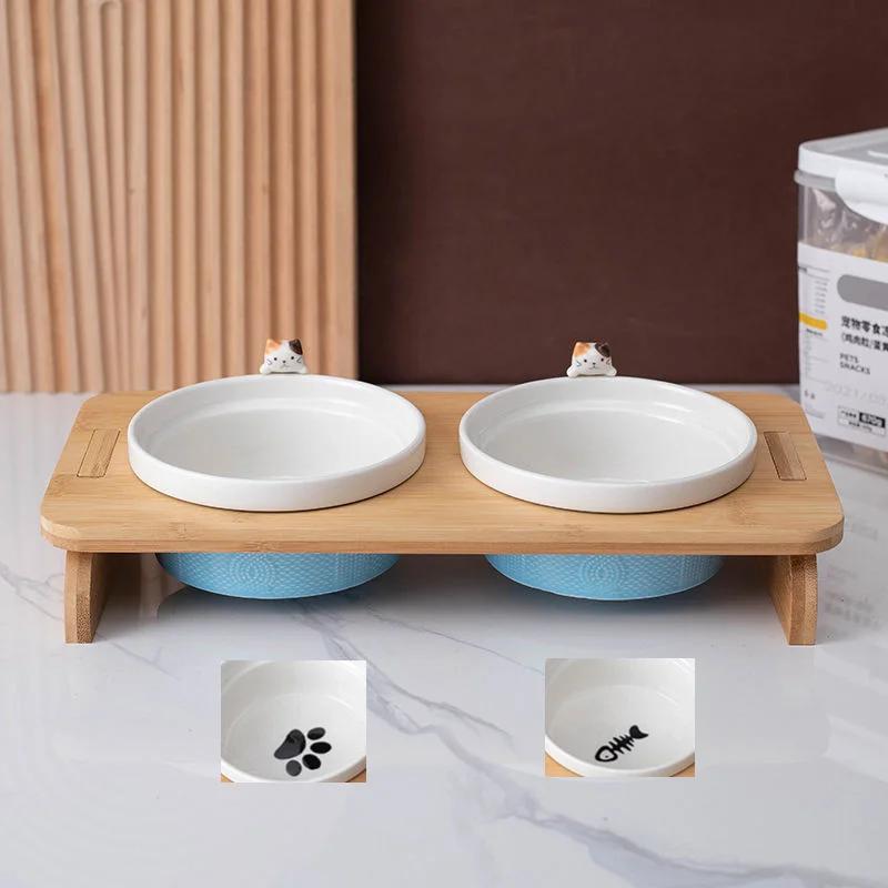 Cartoon Pets Double Bowl Dog Cat Food Water Feeder Stand Raised Ceramic Dish Bowl Wooden Table Pet Supplies Cat Bowls