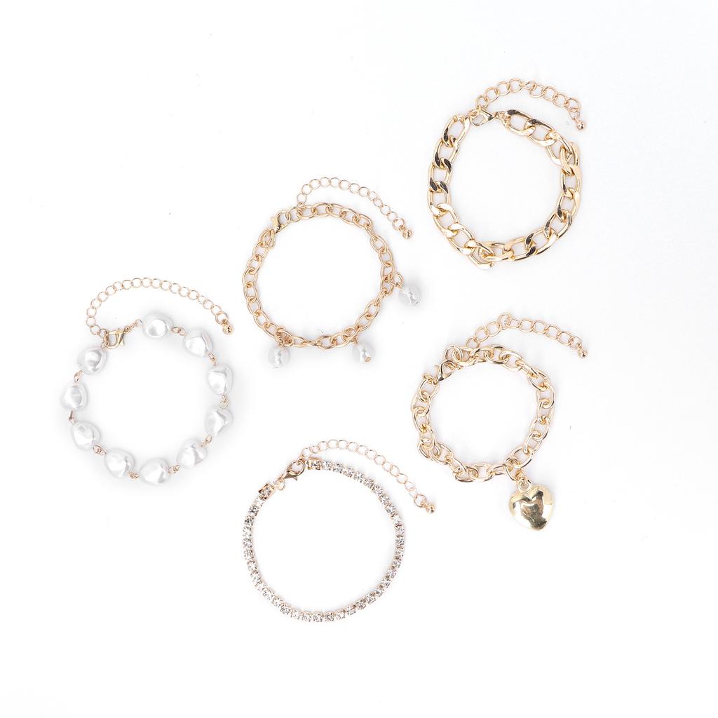 5pcs Elegant Bracelet Set Imitation Pearls Heart Alloy Fashionable Hip Hop Bracelet