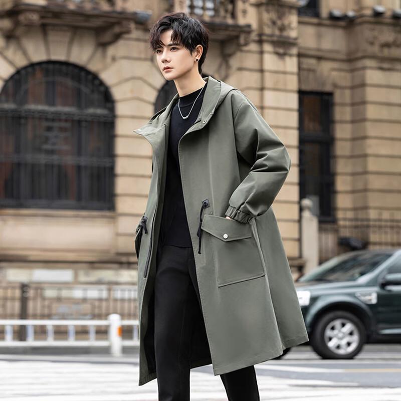ROMON Men's Mid-length Hooded Trench Coat